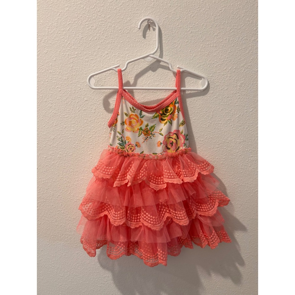 Matilda Jane Girls Floral Tutu Dress Pink Yellow Rose Tiered Tulle Lace Size 2